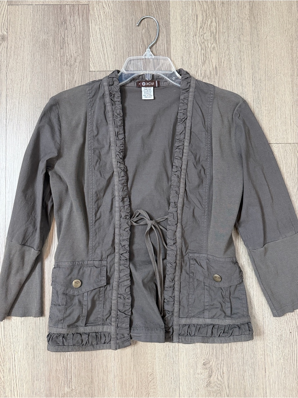 XCVI Gray Ruffle Trim Open Front Jacket Tie Waist Size S • 96% Cotton 4% Spandex